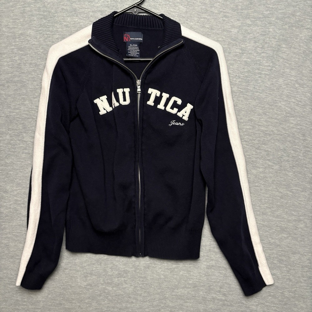 Vintage Nautica Jeans Navy Embroidered Spellout Knit Zip Up Track Men Medium - Picture 2 of 8